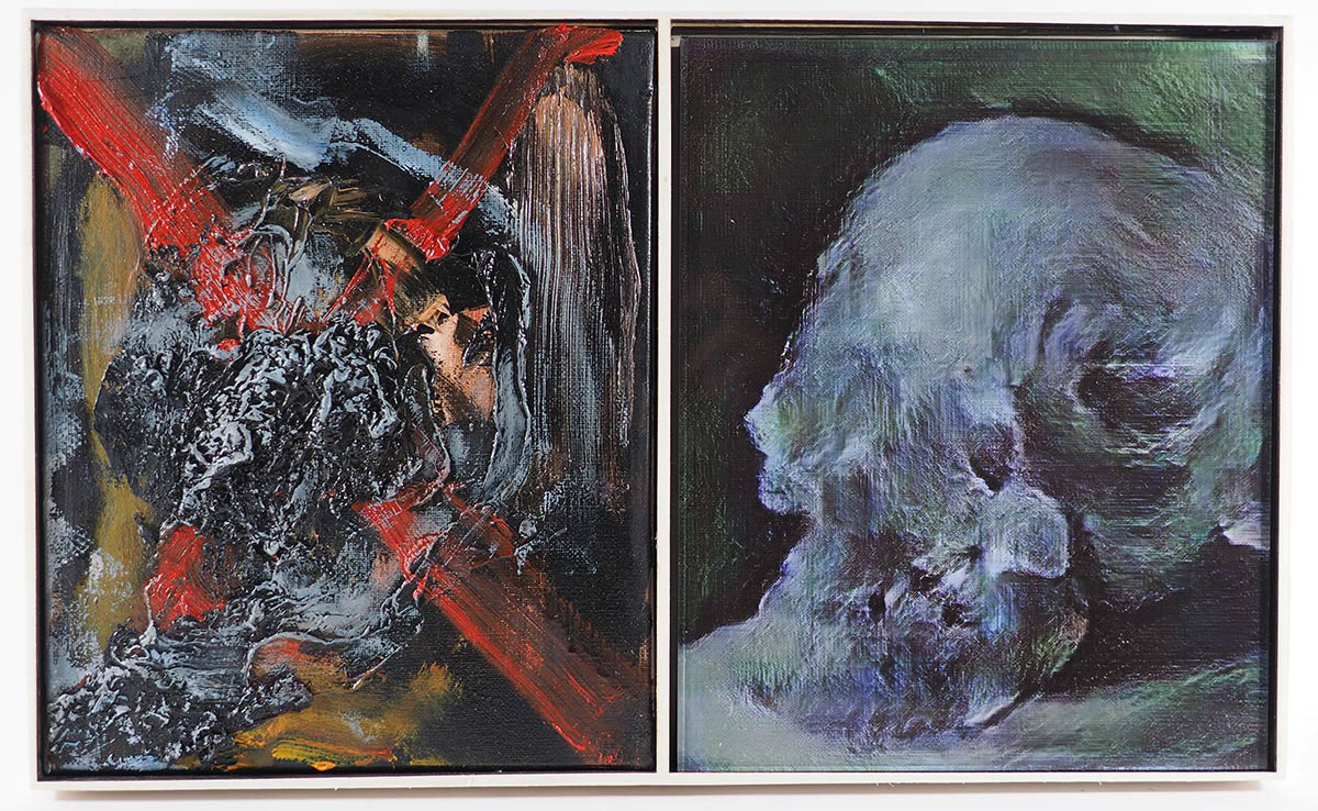  Diptyques issus de l’exposition Infinite skulls, Avant Galerie 2019, à gauche
                            peinture à l’huile et à droite impression UV, 27x44 cm